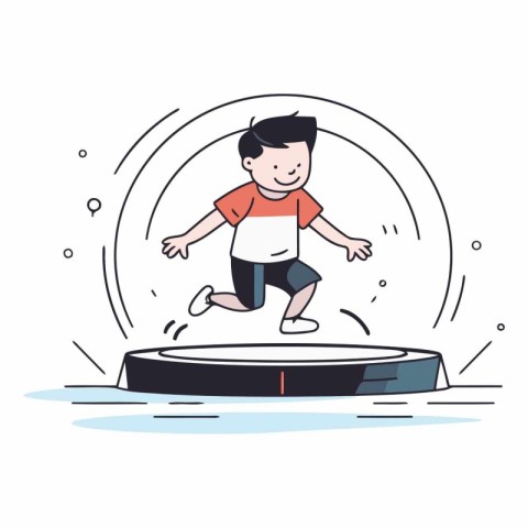 Cartoon boy jumping over the obstacle. Flat style vector illustr