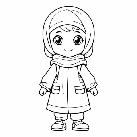 Cute little girl in winter clothes for coloring book.