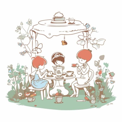 Illustration of a family having a tea party in the garden.