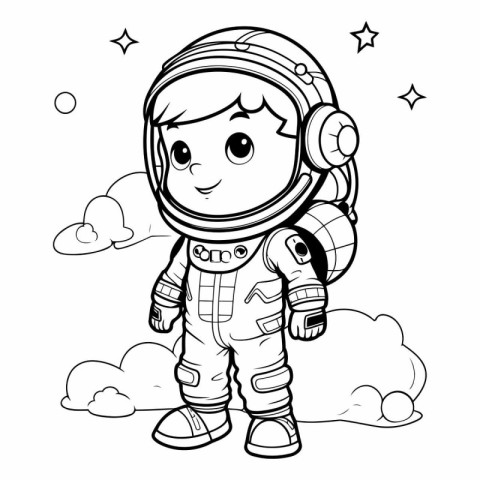 Black and White Cartoon Illustration of Cute Little Astronaut Bo