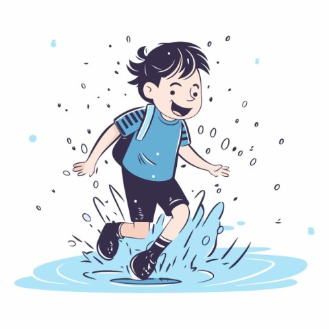 Cute boy running in a puddle on white background.