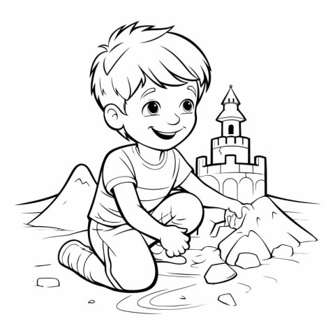 Coloring Page Outline Of a Boy Playing With a Sand Castle