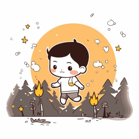 Cute boy running in the forest for your design