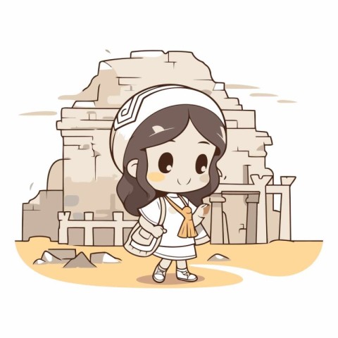 Egyptian girl with pyramids in background. Cartoon vector illust