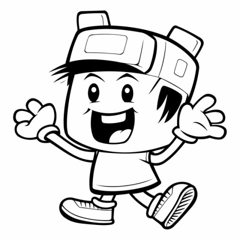 Black and White Cartoon Illustration of a Cute Fireman Character