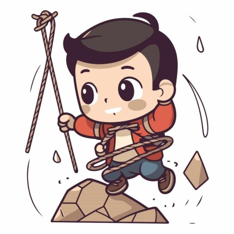 Boy playing with a rope on the rock. Cartoon vector illustration