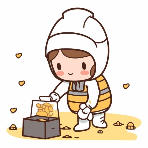 Illustration of a Cute Little Boy Opening a Bag of Honey