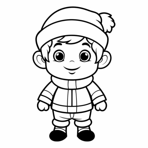 Black and White Cartoon Illustration of Cute Little Boy in Winte