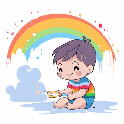 Cute little boy playing with a colorful rainbow.