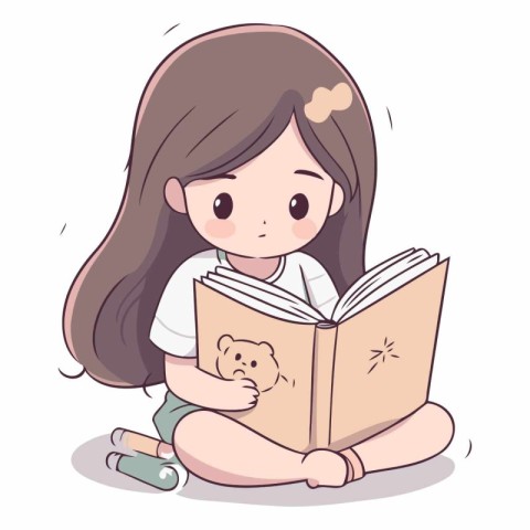 Cute little girl reading a book of a cartoon character.