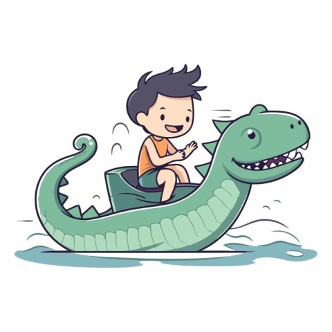 Little boy riding a crocodile in the water.