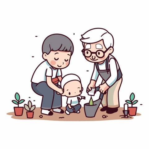 Grandfather and grandson planting a flower in the garden.