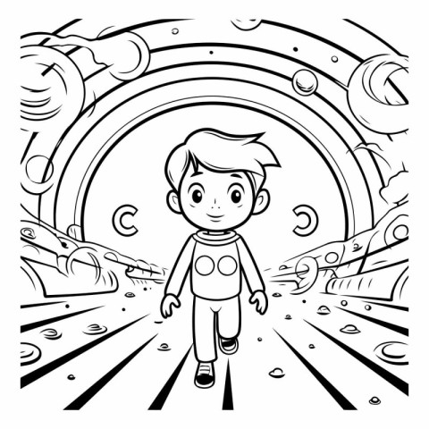 Black and White Cartoon Illustration of Kid Playing Astronaut or