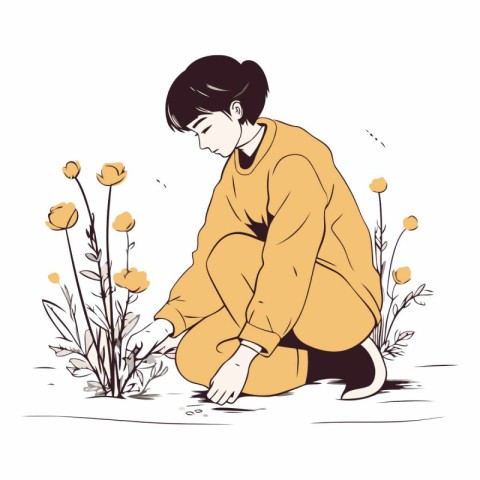 Vector illustration of a girl sitting on the ground and picking