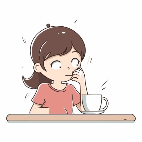 Illustration of a Cute Girl Drinking Coffee While Looking at the