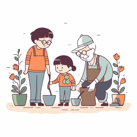 Grandmother. grandfather and grandson planting flowers in the ga