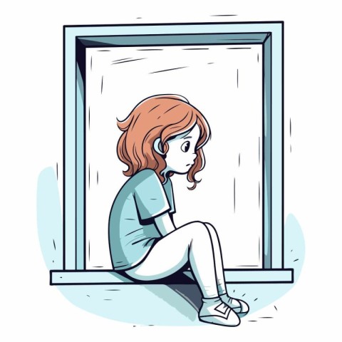 Illustration of a sad girl sitting in front of the window.