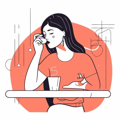 Vector illustration of woman drinking coffee in cafe. Line art s