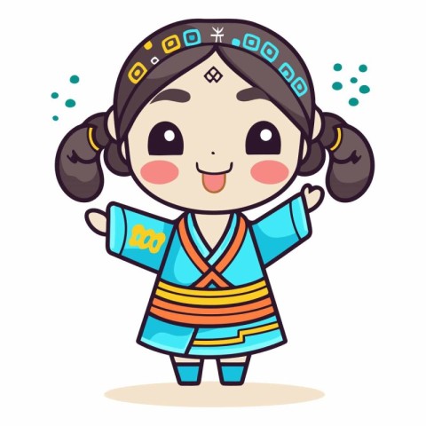 Korean girl in traditional costume. Cute cartoon vector illustra