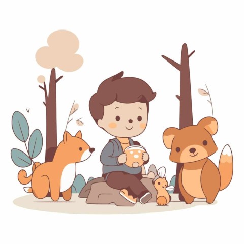 Cute little boy playing with animals in the park