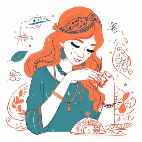 Vector illustration of a beautiful girl with long red hair. The