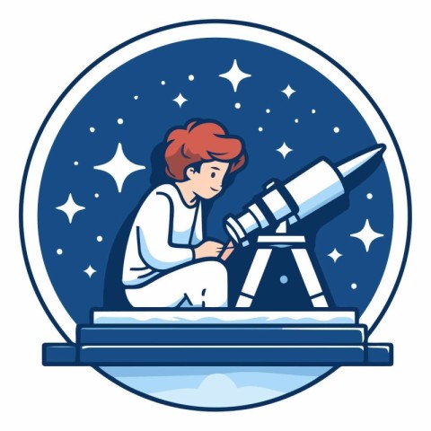 Astronaut looking through a telescope in cartoon style