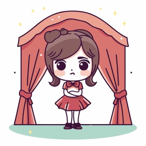 Cute cartoon girl with big red stage curtains vector illustratio