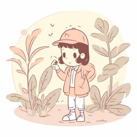 Illustration of a little girl using a smartphone in the park.