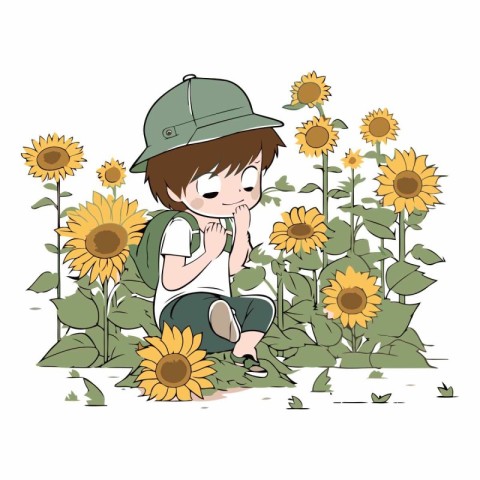 Little boy sitting in sunflower field. Cute cartoon vector illus