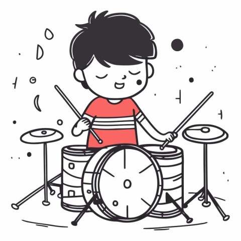 Cute boy playing drums in doodle style.