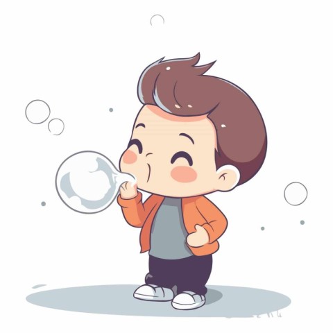 Illustration of a Cute Little Boy Blowing Soap Bubbles