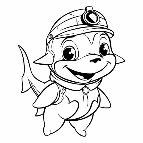 Black and White Cartoon Illustration of Cute Little Shark Animal