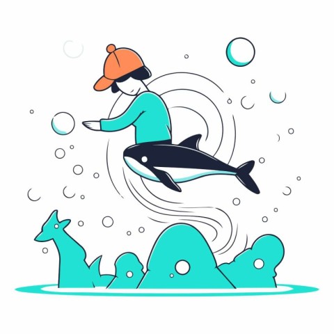 Fisherman catches a dolphin in flat linear style.