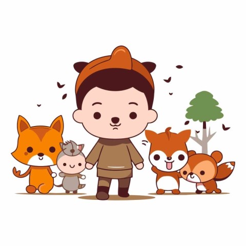 cute boy with fox and squirrel family cartoon vector illustratio