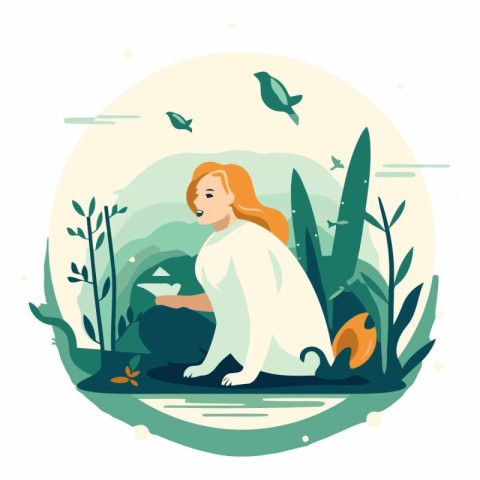 Vector illustration of a woman in a white bathrobe sitting on a