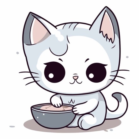 Cute kawaii cat eating from a bowl.