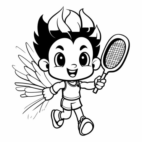 Cute Cupid with Tennis Racket - Black and White Cartoon Illustra