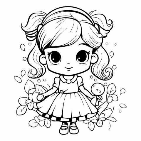 Cute little girl with flowers for coloring book.