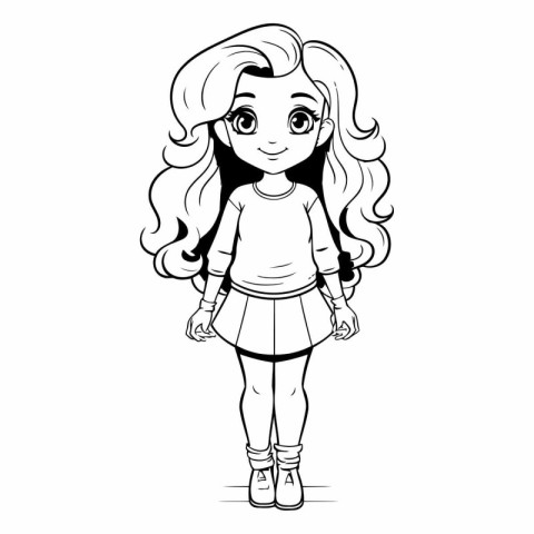 Cute little girl with long curly hair. Vector cartoon illustrati