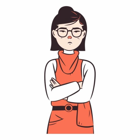 Woman in glasses with crossed arms in cartoon style.