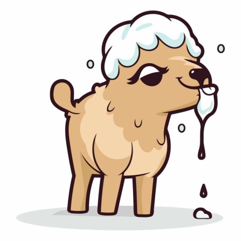 Cute cartoon dog washing itself with soap. Vector clipart.