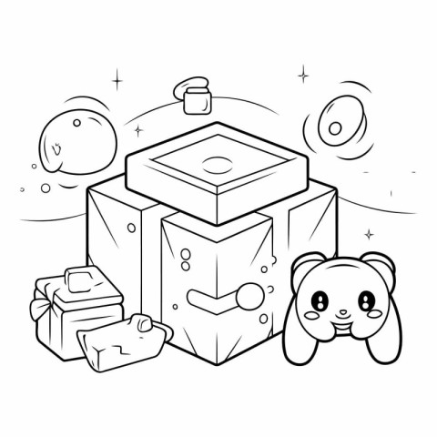 Coloring book for children: cube with a dog and toys.