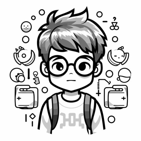 Cute boy with glasses and school supplies. Vector line art illus