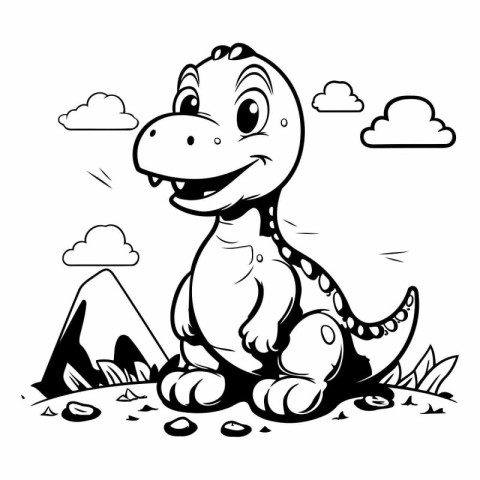 Cute Cartoon Dinosaur - Black and White Cartoon Illustration. Ve