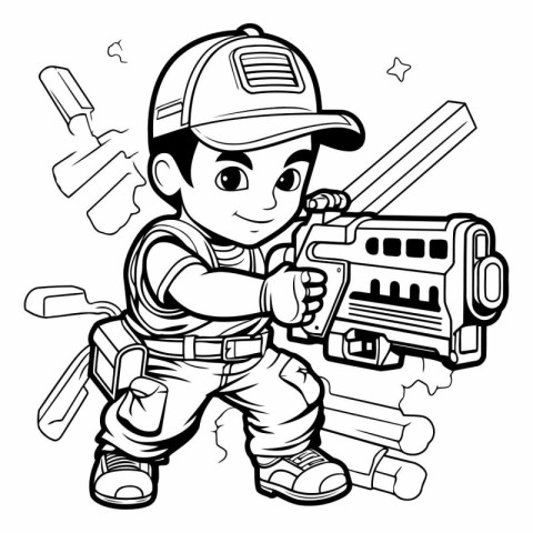 Black and White Cartoon Illustration of Cute Boy Builder or Repa