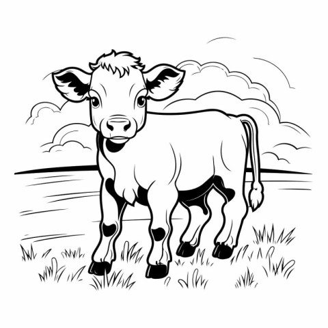 Cow on the meadow. Black and white vector illustration for color