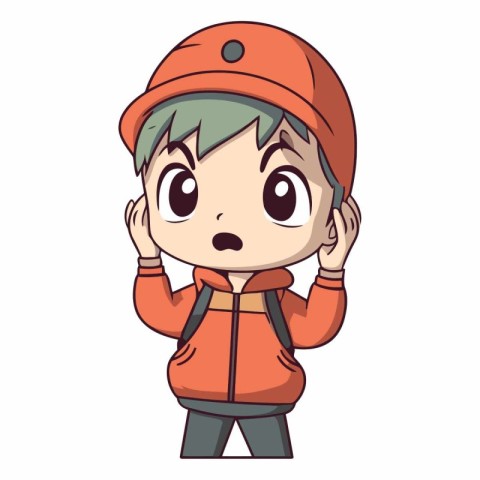 Cute little boy wearing a red cap and jacket.