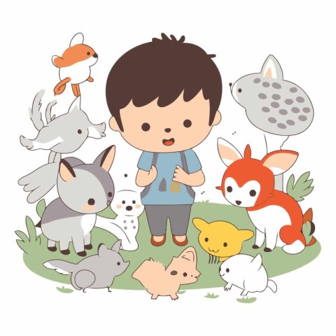 Cute little boy playing with animals for children.