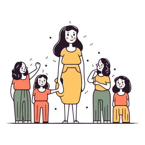 Pregnant woman with her children in line art style.