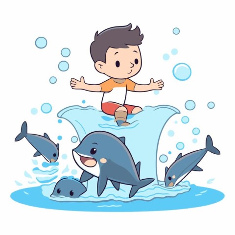 Little boy swimming with dolphin of a cartoon character.